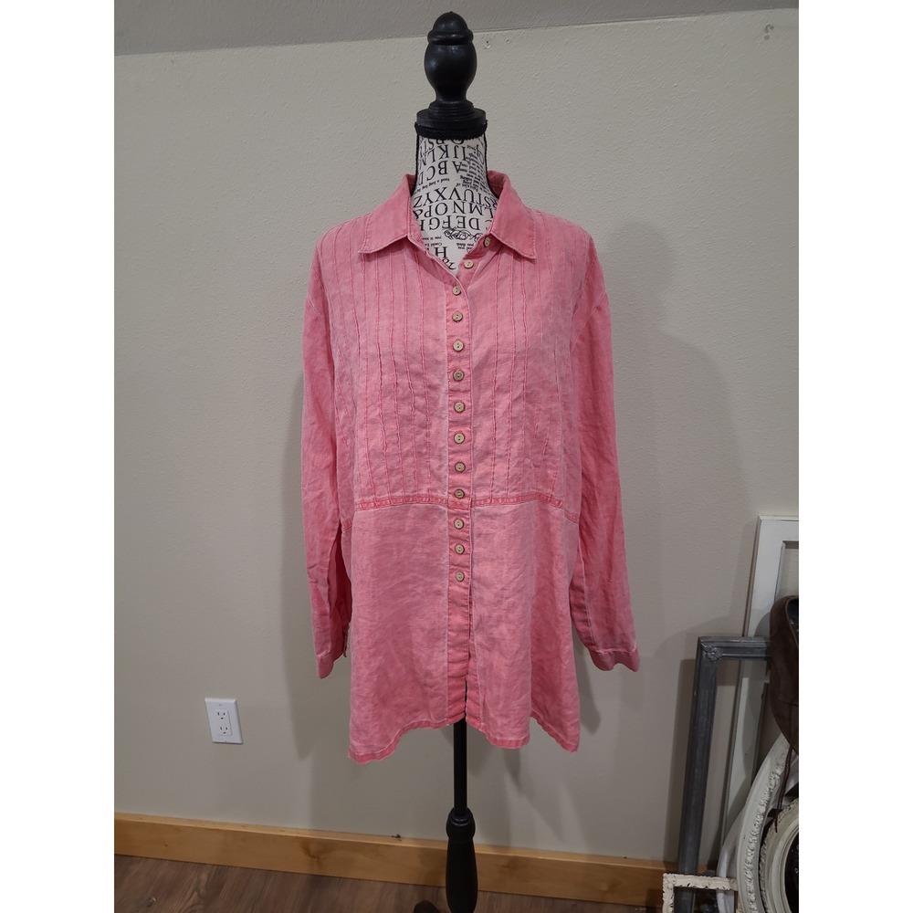 Coldwater Creek 100% Linen pin tuck button front‎ blouse women SZ lg lagenlook